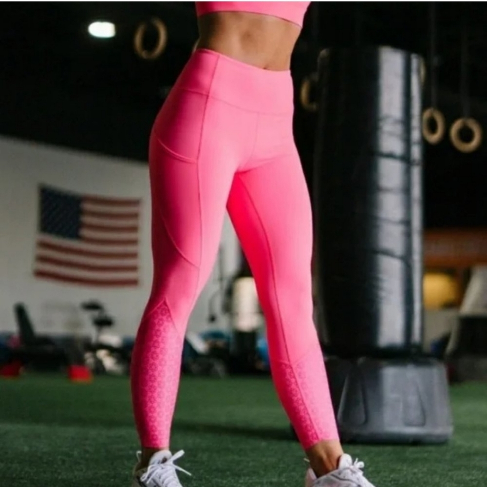 Zyia Neon Coral Flower Power Luxe High-Rise 7/8 tights (side pocket) size 6-8